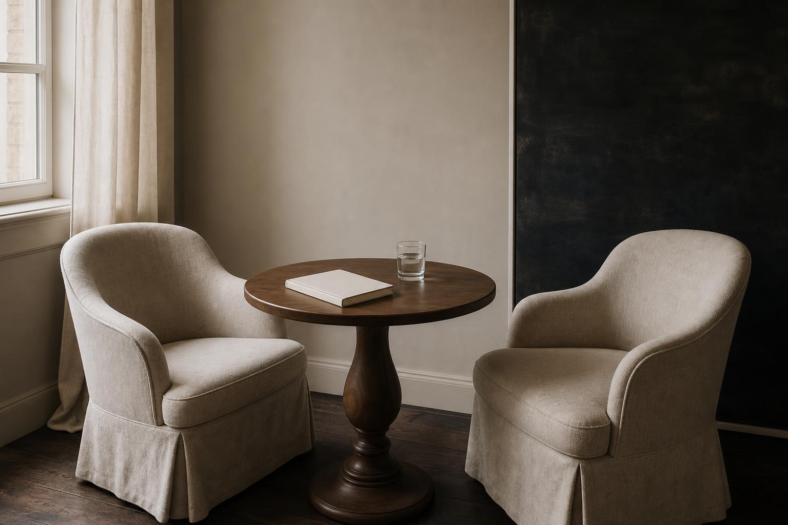 Two upholstered chairs around a small table with a notebook — representing the conversation of evaluating options to remove a negative news article.