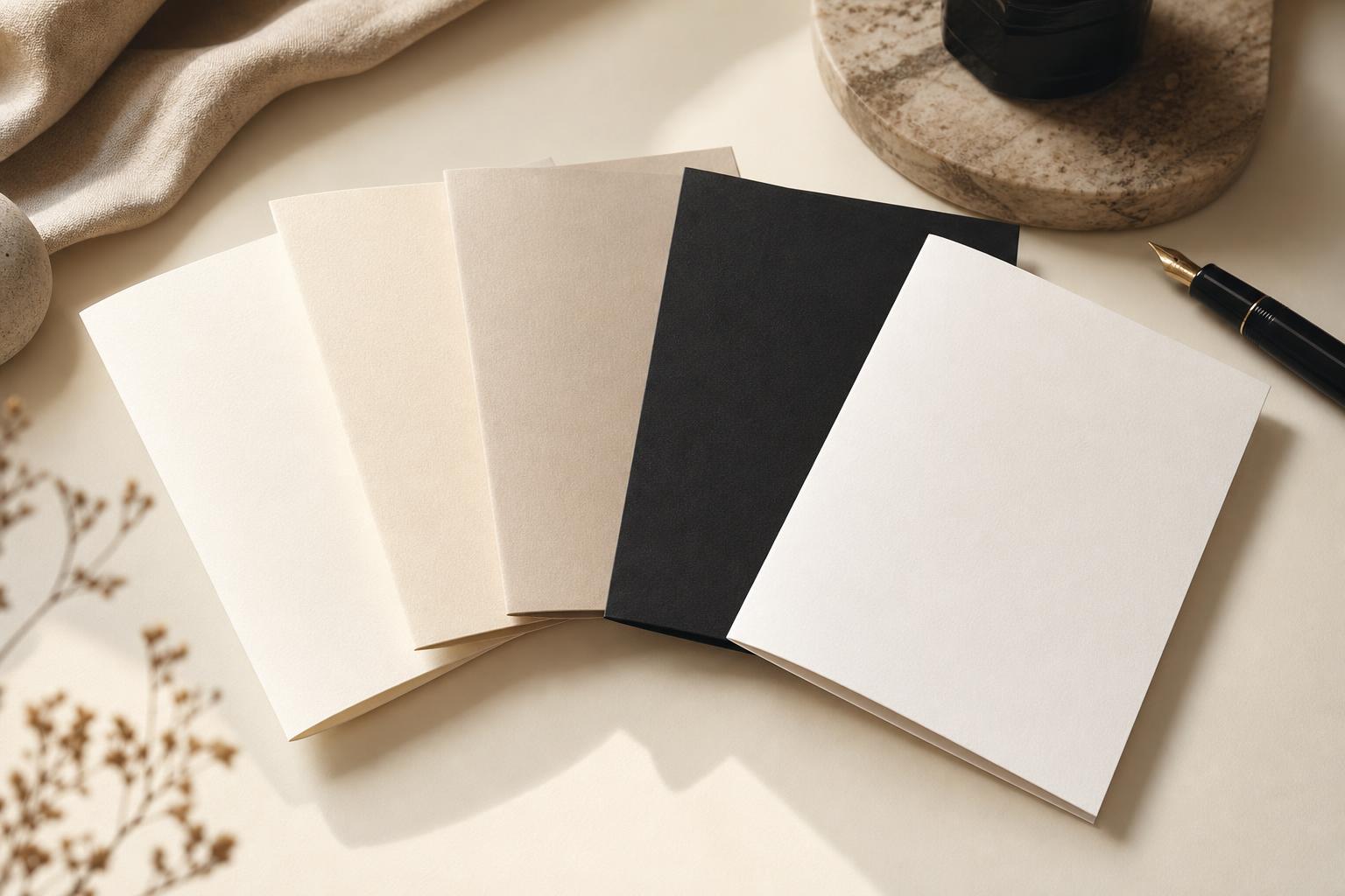 Editorial still life of five blank cards fanned across a desk, representing the five main tactics used to remove negative news articles.
